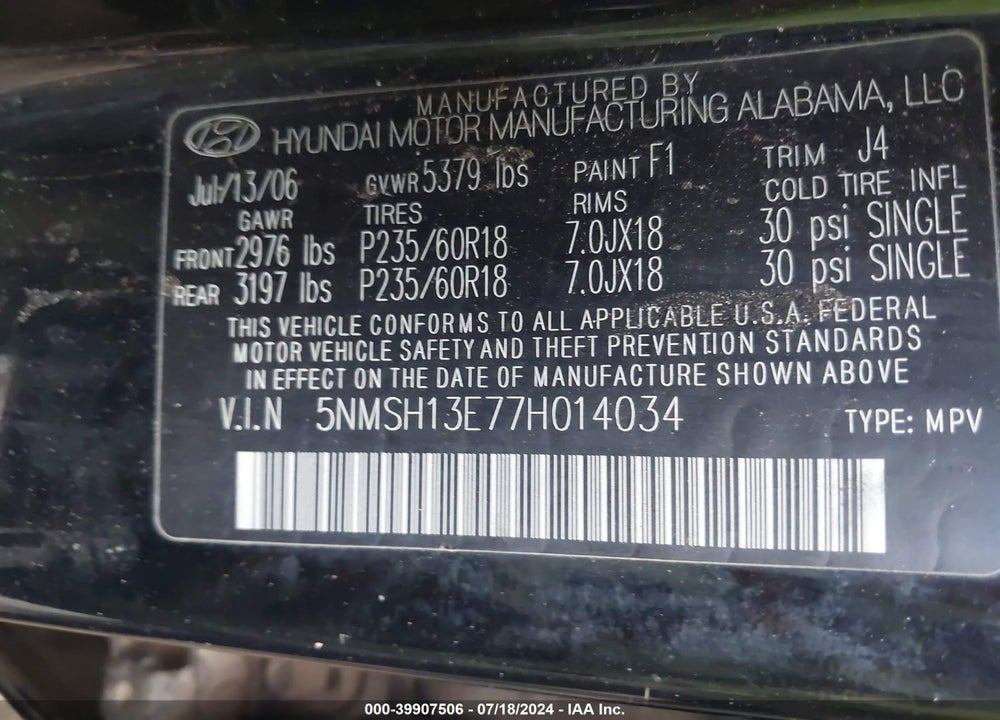 2007 HYUNDAI SANTA FE LIMITED/SE VIN: 5NMSH13E77H014034