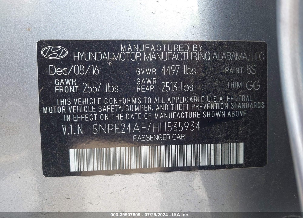 2017 HYUNDAI SONATA VIN: 5NPE24AF7HH535934