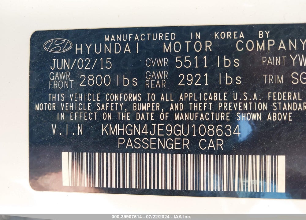 2016 HYUNDAI GENESIS 3.8 VIN: KMHGN4JE9GU108634