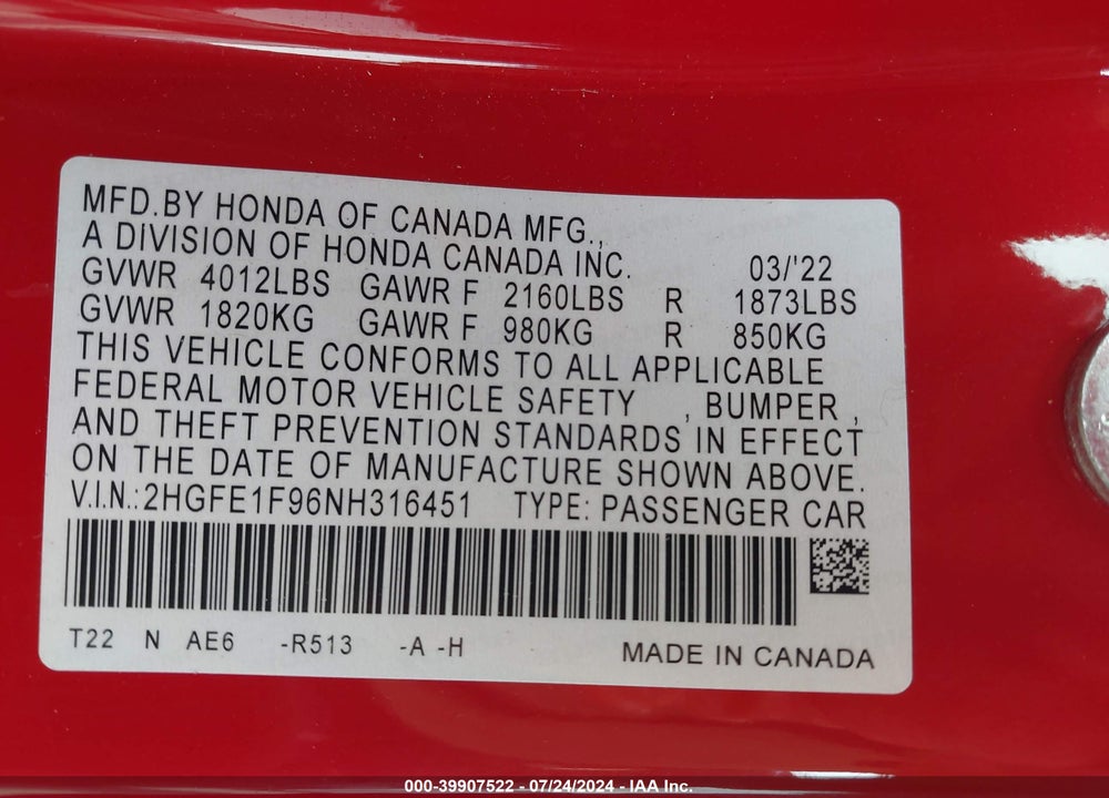 2022 HONDA CIVIC TOURING VIN: 2HGFE1F96NH316451