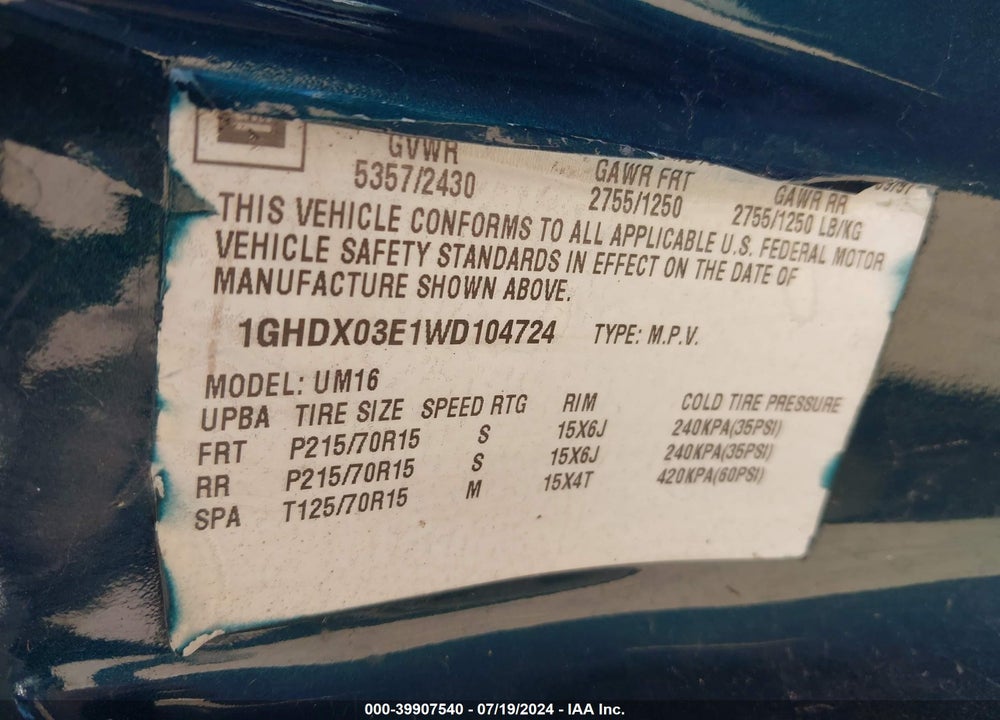 1998 OLDSMOBILE SILHOUETTE GLS VIN: 1GHDX03E1WD104724