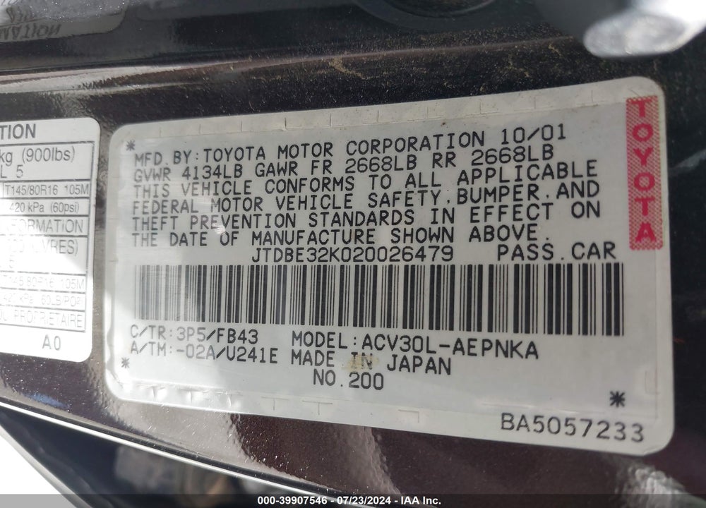 2002 TOYOTA CAMRY LE VIN: JTDBE32K020026479