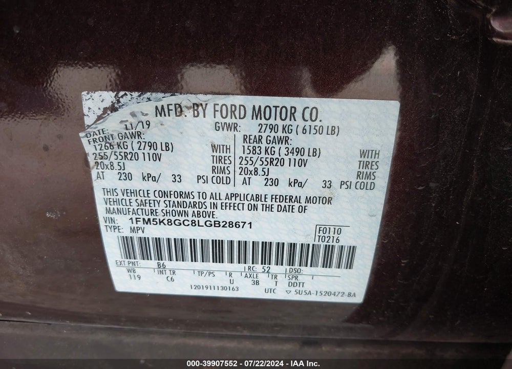 2020 FORD EXPLORER ST VIN: 1FM5K8GC8LGB28671