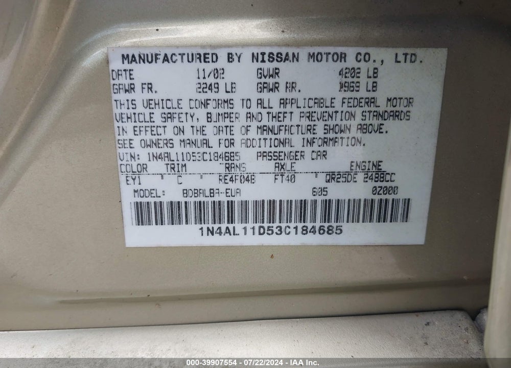 2003 NISSAN ALTIMA 2.5 S VIN: 1N4AL11D53C184685