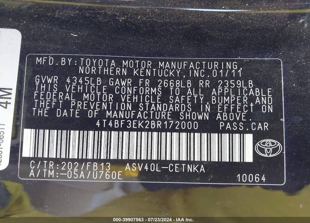 2011 TOYOTA CAMRY VIN: 4T4BF3EK2BR172000