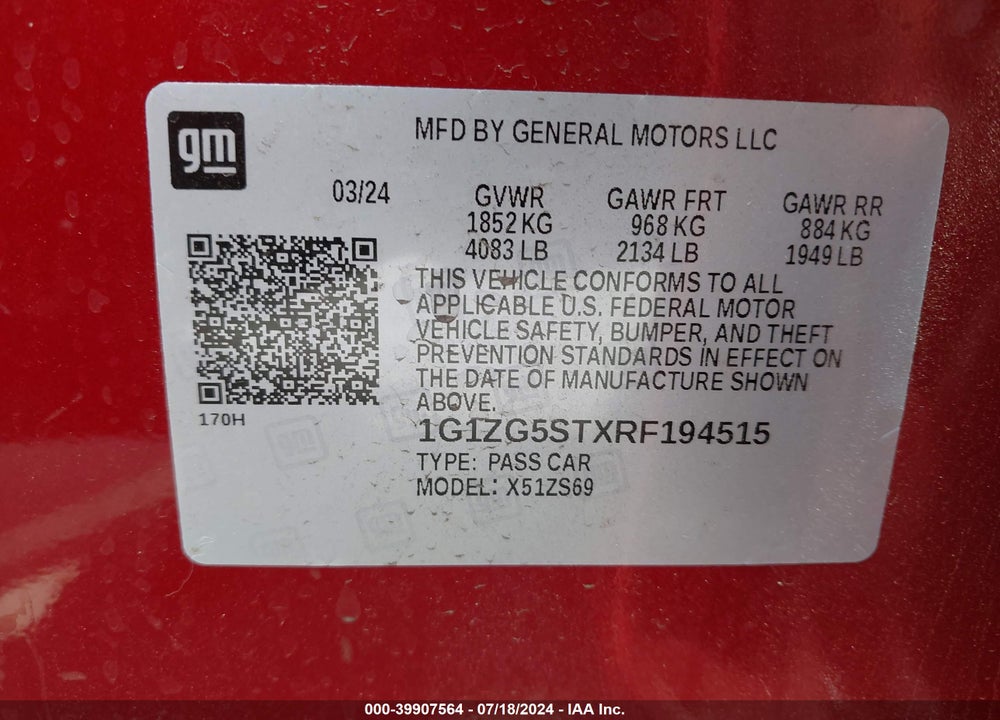 2024 CHEVROLET MALIBU RS VIN: 1G1ZG5STXRF194515