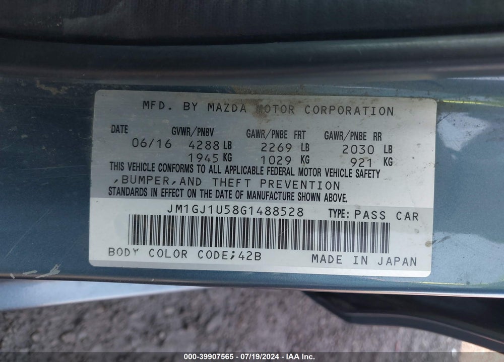 2016 MAZDA 6 I SPORT VIN: JM1GJ1U58G1488528