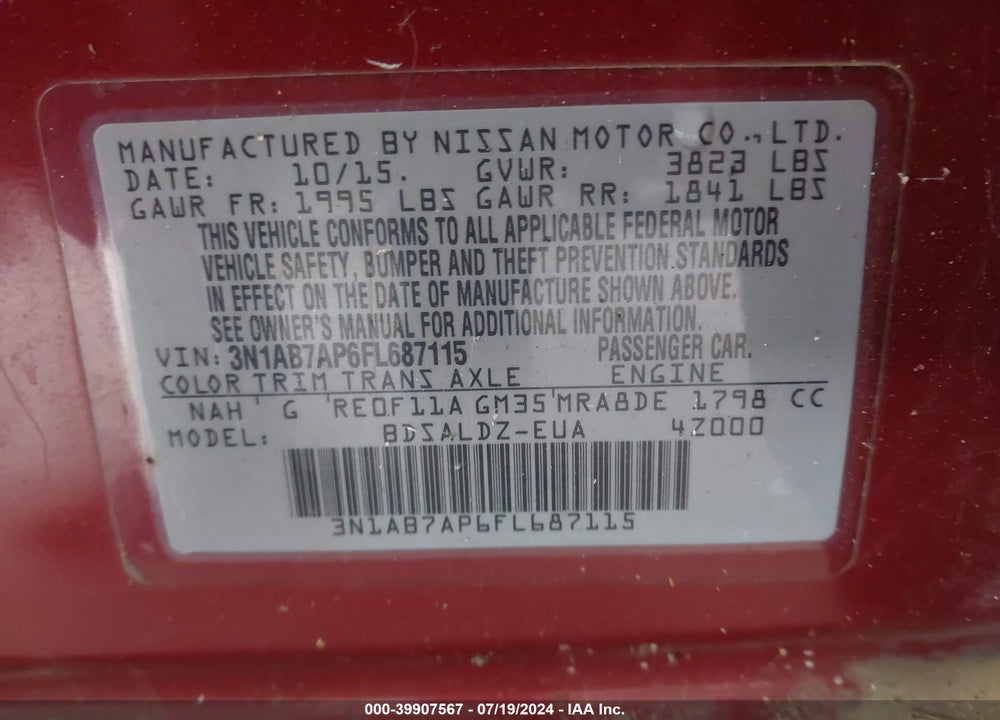 2015 NISSAN SENTRA SV VIN: 3N1AB7AP6FL687115