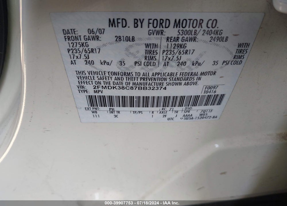 2007 FORD EDGE SEL VIN: 2FMDK38C87BB32374