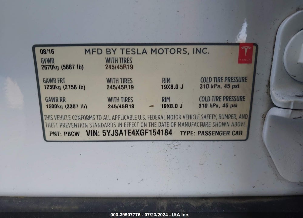 2016 TESLA MODEL S 90D/P100D/P85D/P90D VIN: 5YJSA1E4XGF154184