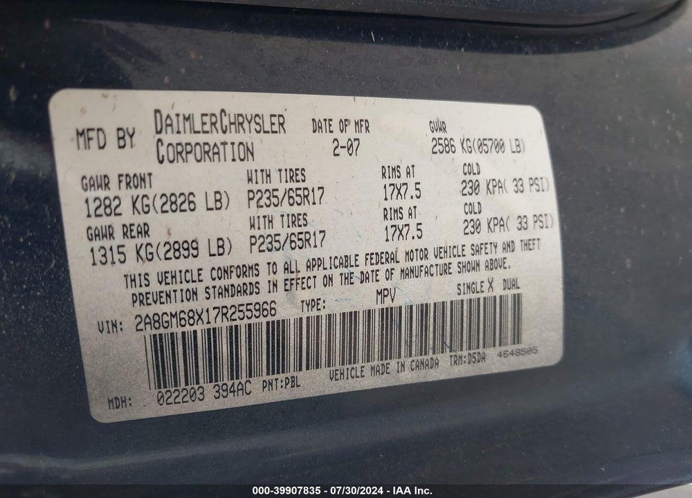 2007 CHRYSLER PACIFICA TOURING VIN: 2A8GM68X17R255966