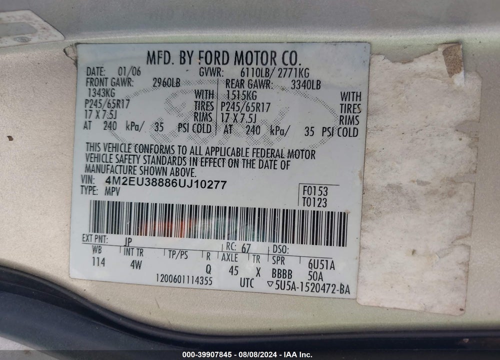 2006 MERCURY MOUNTAINEER PREMIER VIN: 4M2EU38886UJ10277
