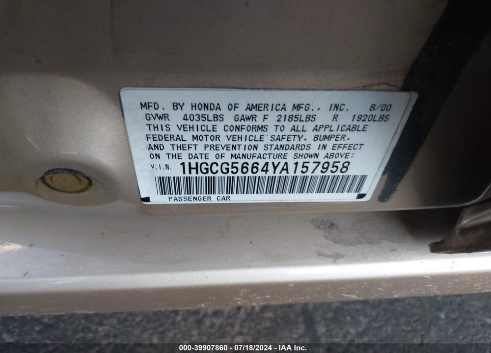 2000 HONDA ACCORD 2.3 EX VIN: 1HGCG5664YA157958