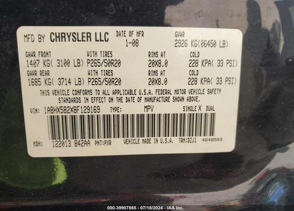 2008 CHRYSLER ASPEN LIMITED VIN: 1A8HX582X8F129169
