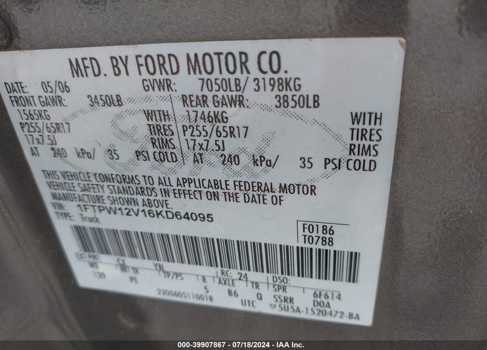2006 FORD F-150 LARIAT/XLT VIN: 1FTPW12V16KD64095
