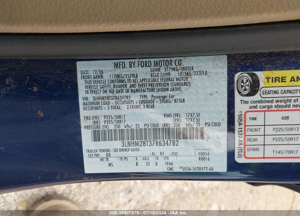 2007 LINCOLN MKZ VIN: 3LNHM28T37R634782