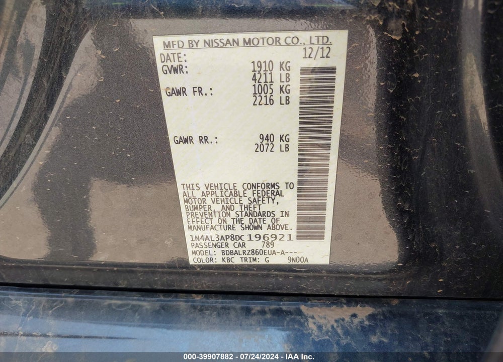 2013 NISSAN ALTIMA 2.5 S VIN: 1N4AL3AP8DC196921