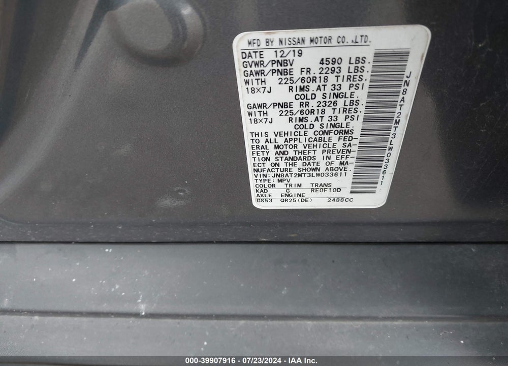 2020 NISSAN ROGUE SV FWD VIN: JN8AT2MT3LW033611