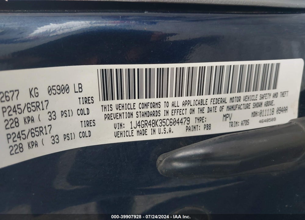 2005 JEEP GRAND CHEROKEE LAREDO VIN: 1J4GR48K35C604479
