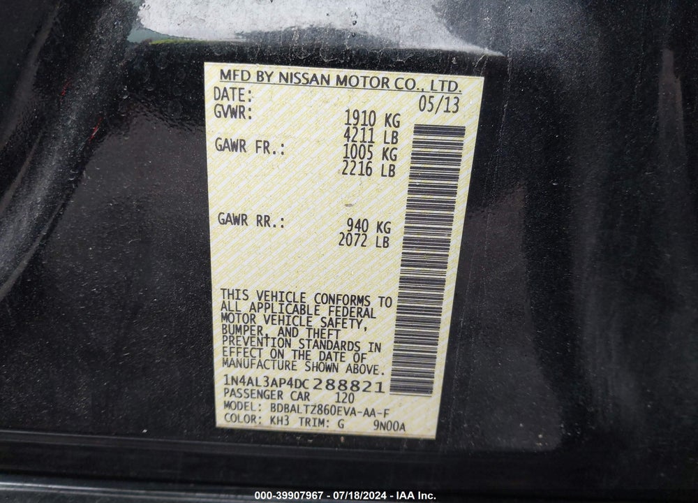 2013 NISSAN ALTIMA 2.5 SV VIN: 1N4AL3AP4DC288821