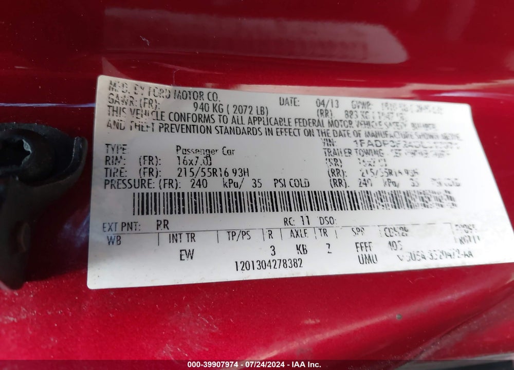 2013 FORD FOCUS SE VIN: 1FADP3F24DL317071