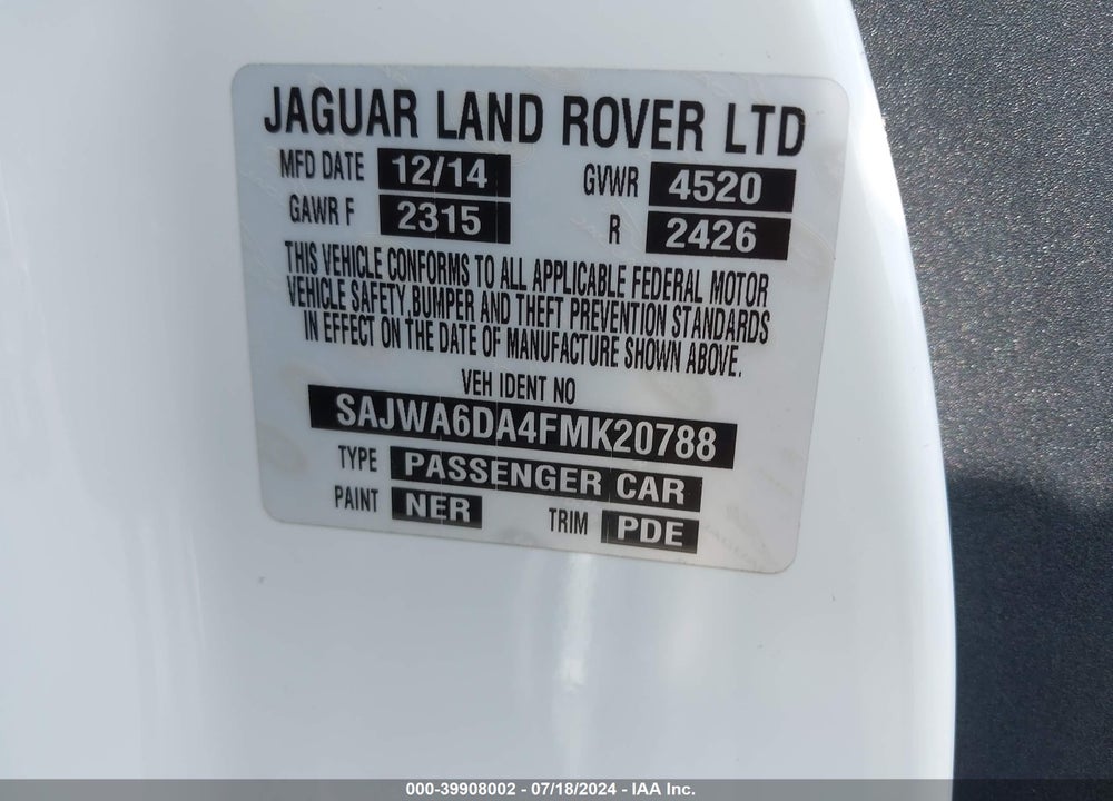 2015 JAGUAR F-TYPE R VIN: SAJWA6DA4FMK20788