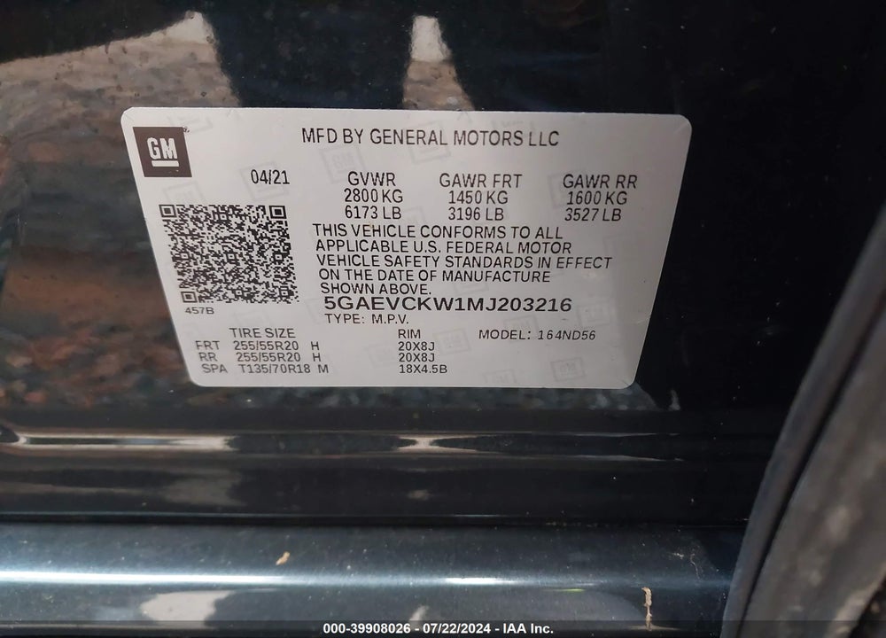 2021 BUICK ENCLAVE AWD AVENIR VIN: 5GAEVCKW1MJ203216