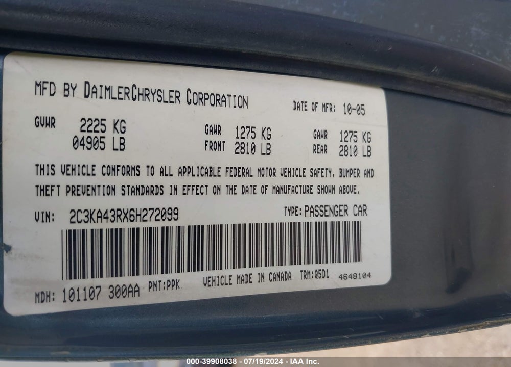 2006 CHRYSLER 300 VIN: 2C3KA43RX6H272099