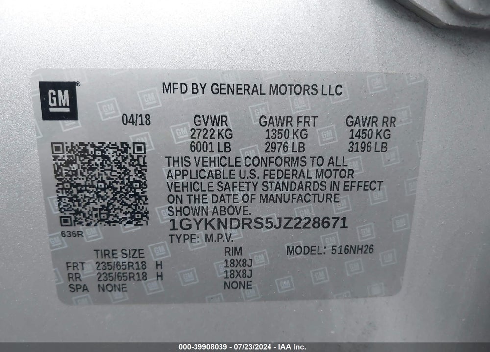 2018 CADILLAC XT5 LUXURY VIN: 1GYKNDRS5JZ228671