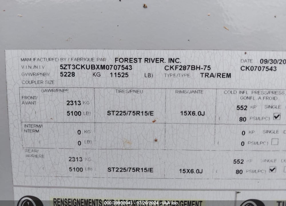 2021 FOREST RIVER OTHER VIN: 5ZT3CKUBXM0707543