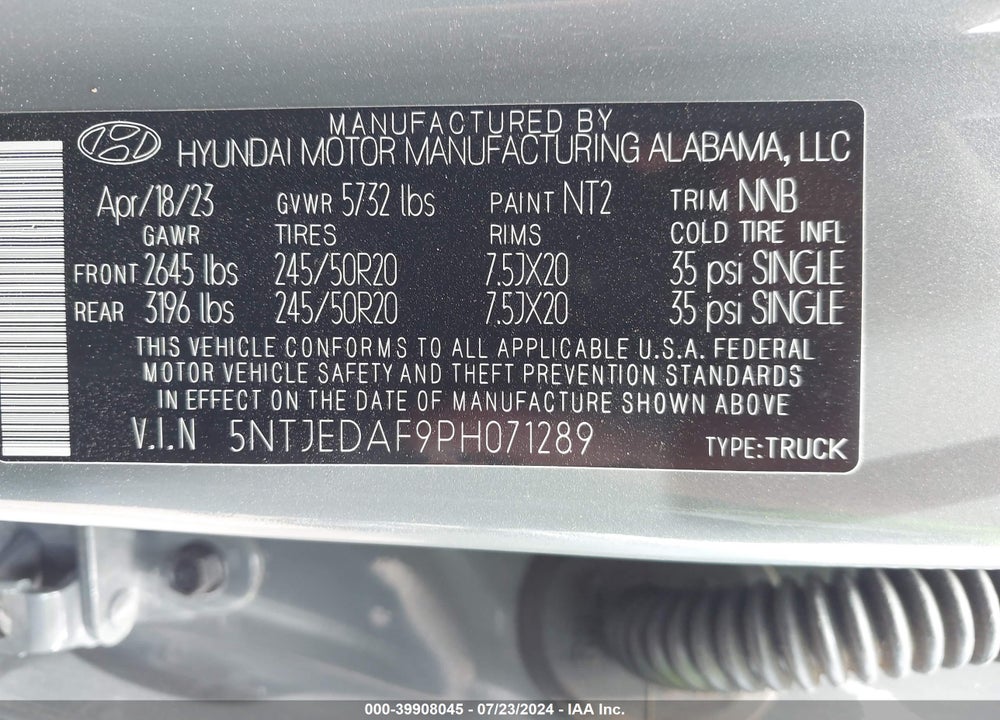 2023 HYUNDAI SANTA CRUZ LIMITED VIN: 5NTJEDAF9PH071289
