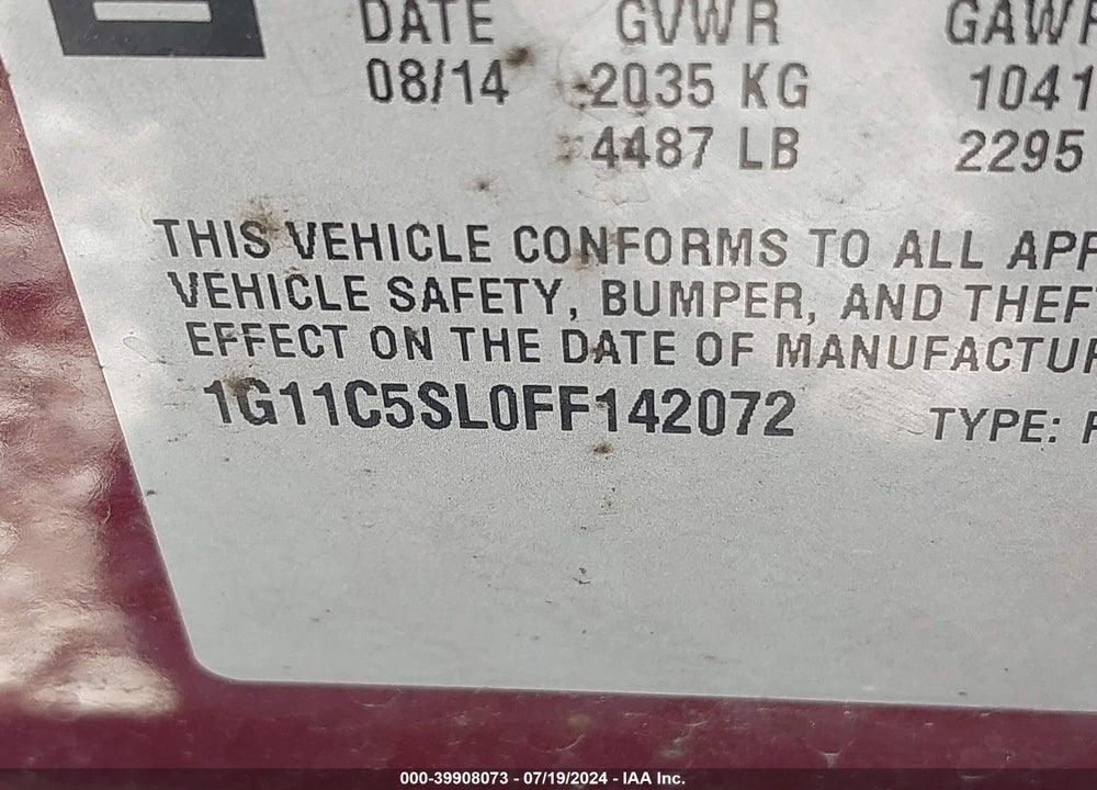 2015 CHEVROLET MALIBU 1LT VIN: 1G11C5SL0FF142072