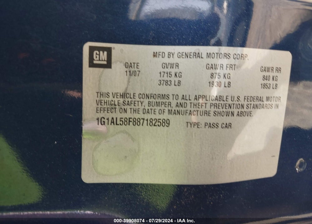 2008 CHEVROLET COBALT LT VIN: 1G1AL58F887182589