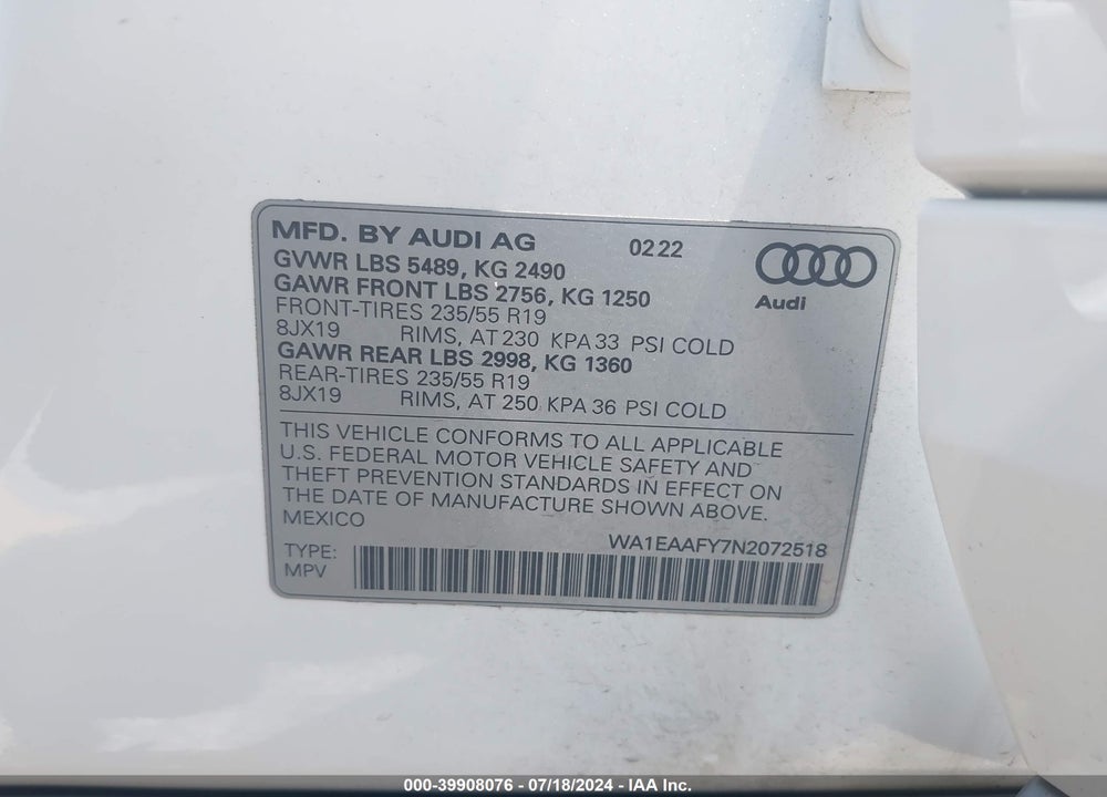 2022 AUDI Q5 PREMIUM PLUS 45 TFSI S LINE QUATTRO S TRONIC VIN: WA1EAAFY7N2072518