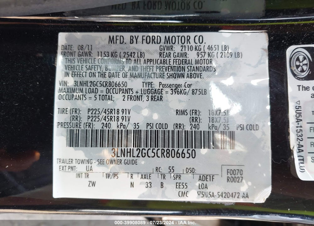 2012 LINCOLN MKZ VIN: 3LNHL2GC5CR806650