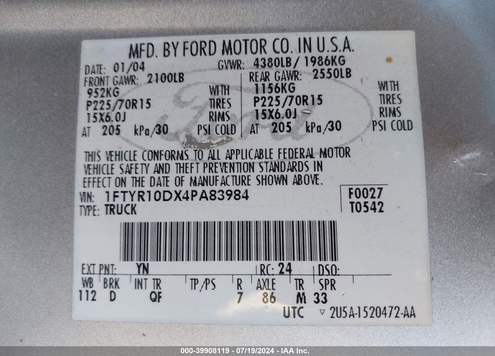 2004 FORD RANGER XL/XLT VIN: 1FTYR10DX4PA83984