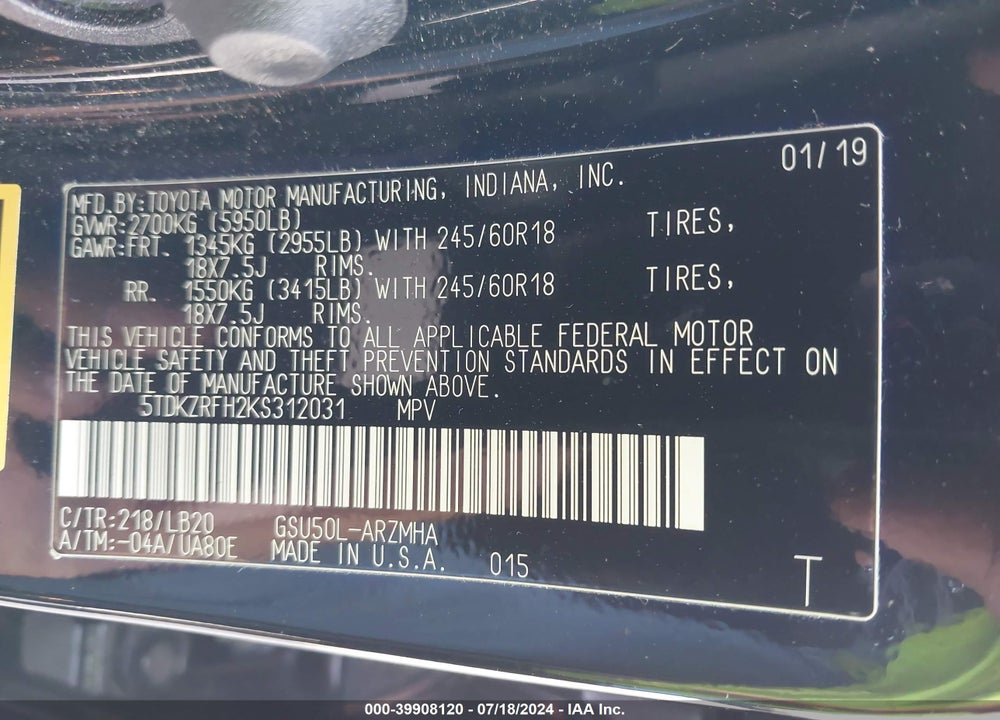 2019 TOYOTA HIGHLANDER XLE VIN: 5TDKZRFH2KS312031