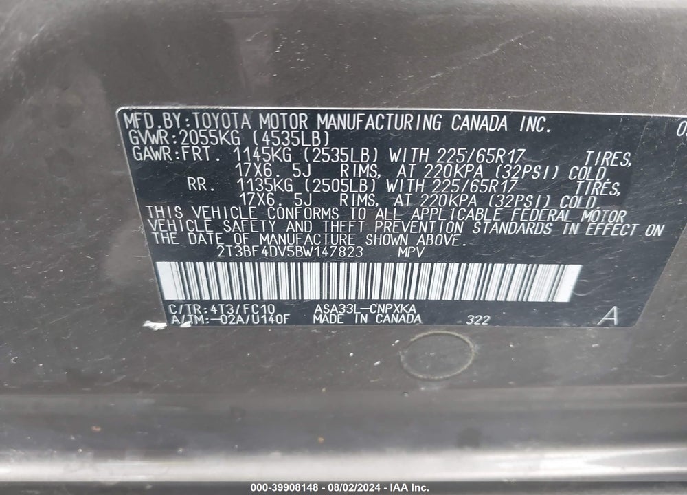 2011 TOYOTA RAV4 VIN: 2T3BF4DV5BW147823