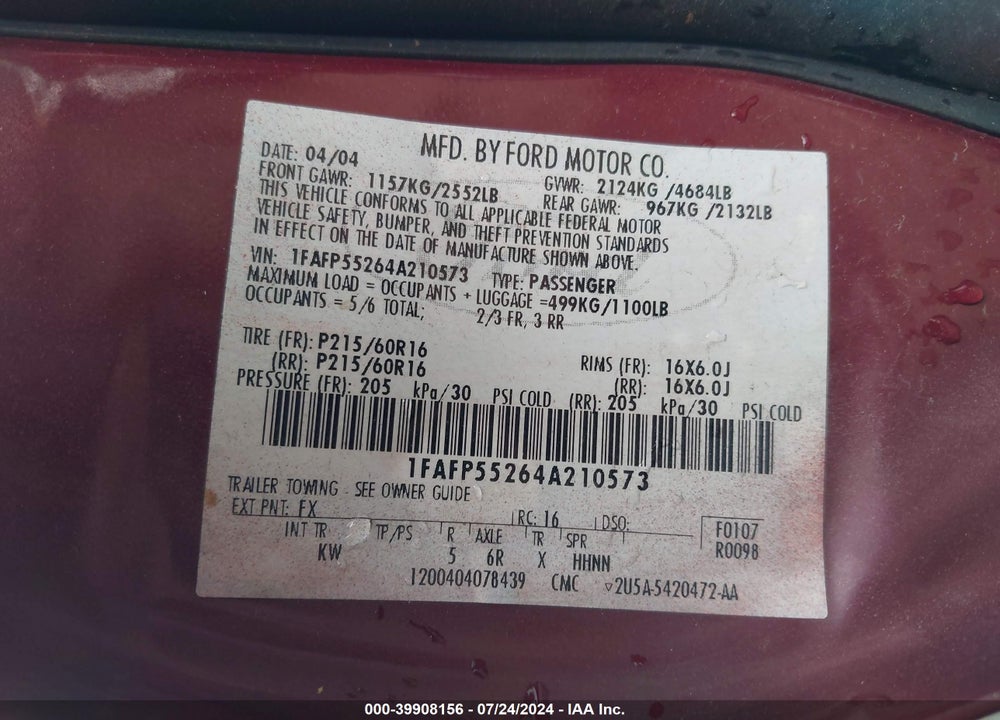 2004 FORD TAURUS VIN: 1FAFP55264A210573