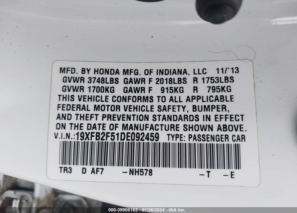 2013 HONDA CIVIC LX VIN: 19XFB2F51DE092459
