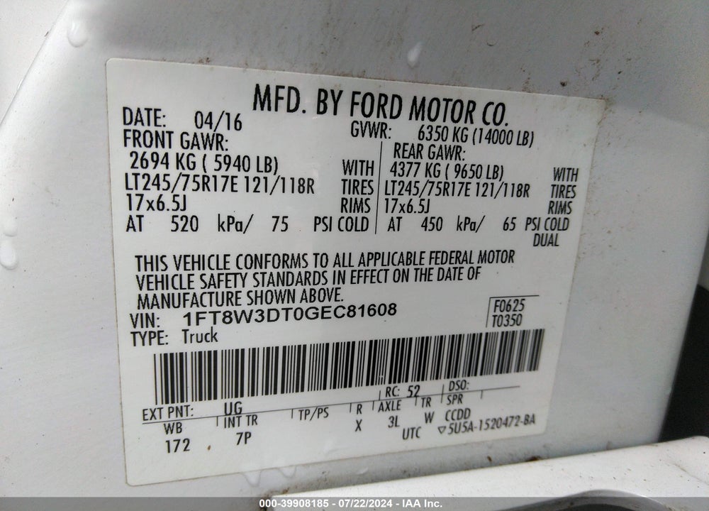 2016 FORD F-350 LARIAT VIN: 1FT8W3DT0GEC81608