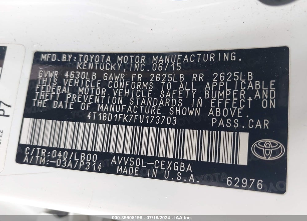 2015 TOYOTA CAMRY HYBRID XLE VIN: 4T1BD1FK7FU173703