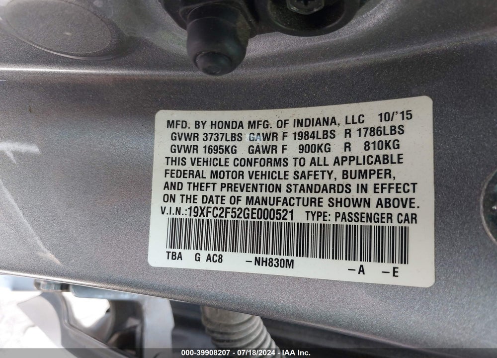 2016 HONDA CIVIC LX VIN: 19XFC2F52GE000521