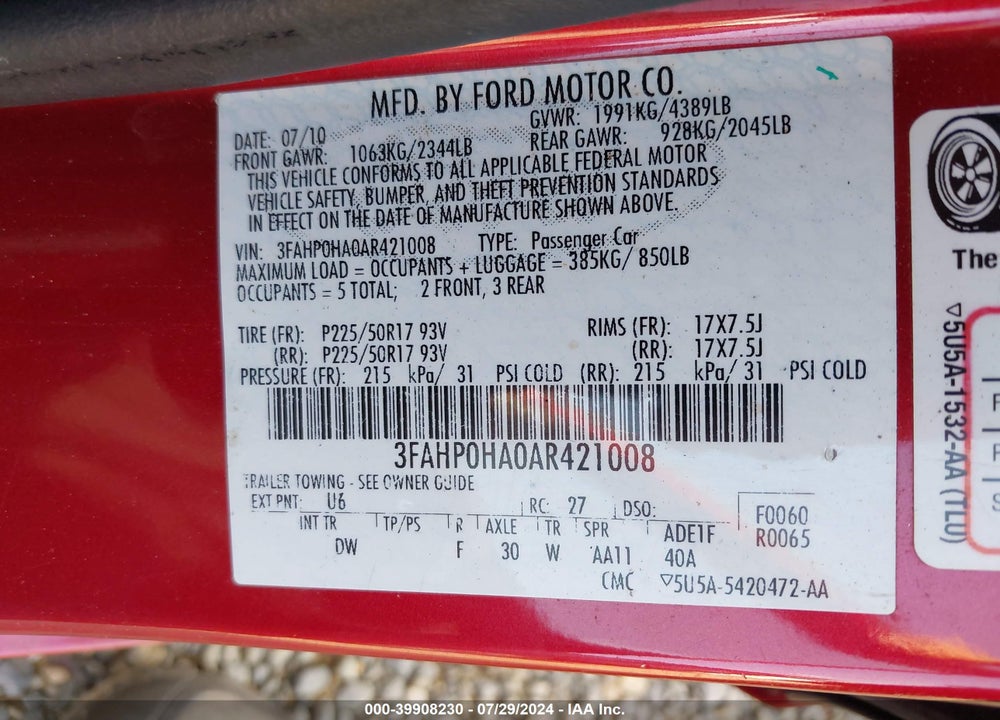 2010 FORD FUSION SE VIN: 3FAHP0HA0AR421008