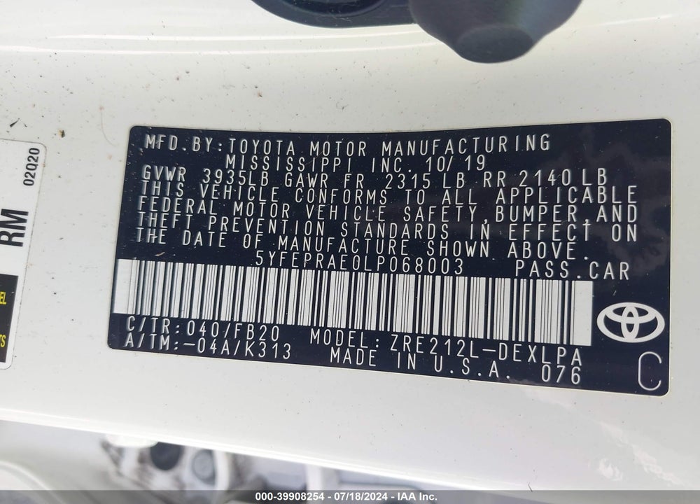 2020 TOYOTA COROLLA LE VIN: 5YFEPRAE0LP068003