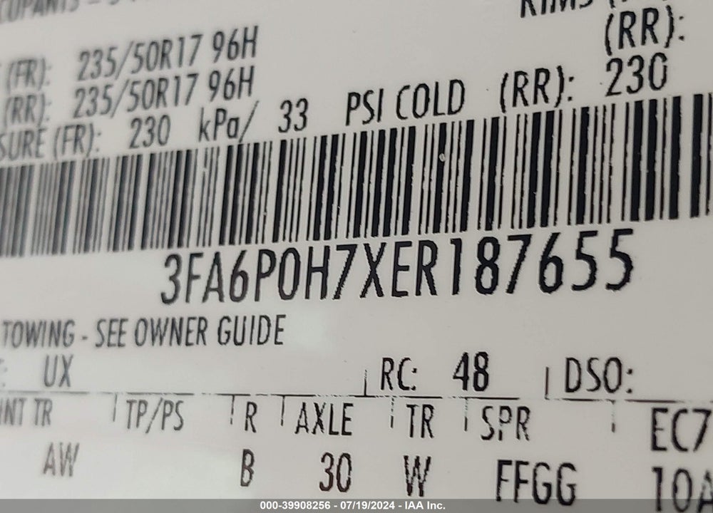 2014 FORD FUSION SE VIN: 3FA6P0H7XER187655