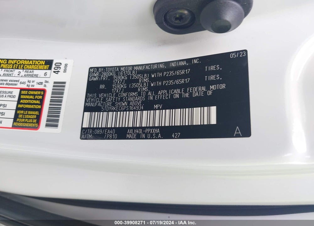 2023 TOYOTA SIENNA XLE VIN: 5TDYRKEC6PS164934