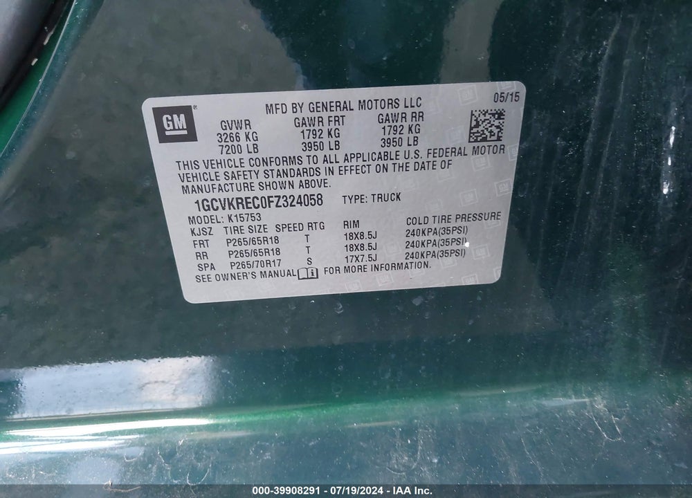 2015 CHEVROLET SILVERADO 1500 LT VIN: 1GCVKREC0FZ324058