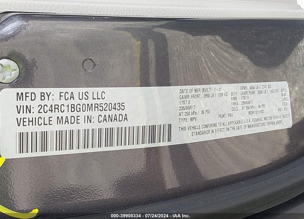 2021 CHRYSLER PACIFICA TOURING L VIN: 2C4RC1BG0MR520435