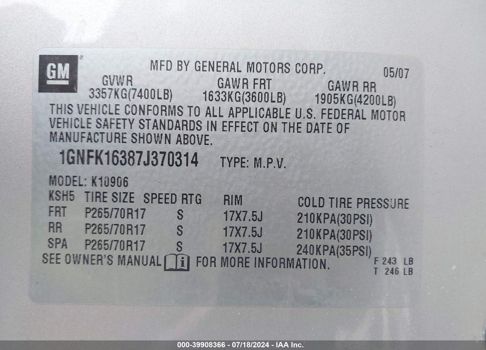 2007 CHEVROLET SUBURBAN 1500 LT VIN: 1GNFK16387J370314